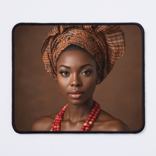 Item preview, African Woman Brown Gele Headwrap Red Coral Beads Portrait designed and sold by SavannaCanvas.