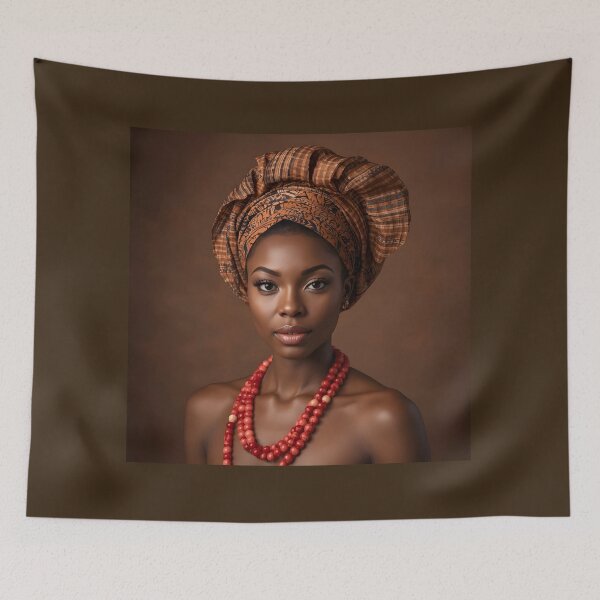 Item preview, African Woman Brown Gele Headwrap Red Coral Beads Portrait designed and sold by SavannaCanvas.