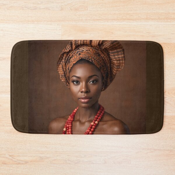 Item preview, African Woman Brown Gele Headwrap Red Coral Beads Portrait designed and sold by SavannaCanvas.