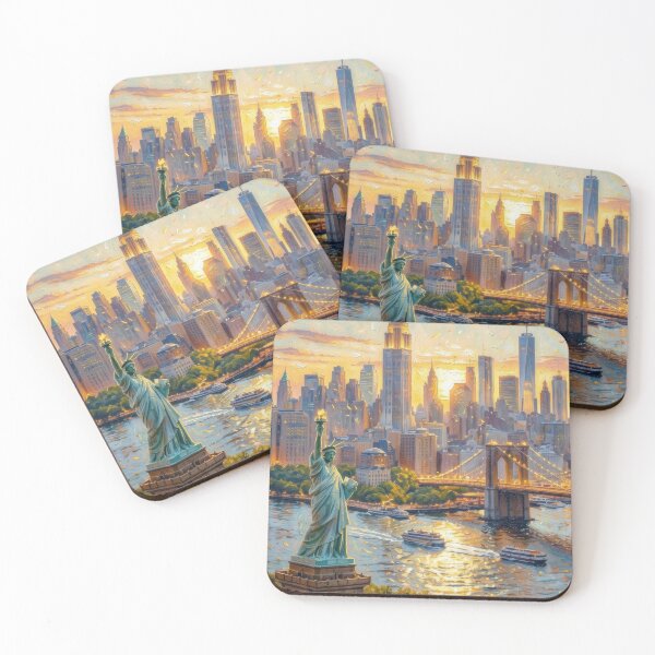 Item preview, Golden Sunset Over New York City – Impressionist NYC Skyline Painting designed and sold by DafraDesign.