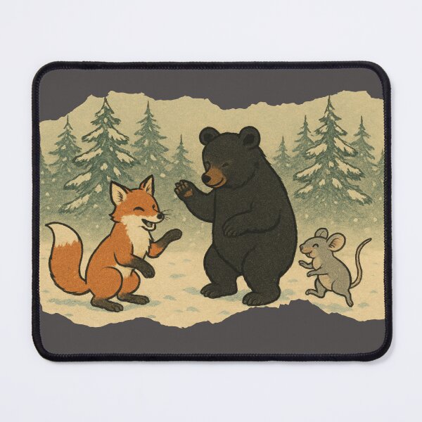 Item preview, Fox, Bear and Mouse Wintery Festive Snow Scene Japanese Woodblock style designed and sold by OhUTees.