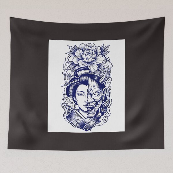 Item preview, Blue Hannya & Geisha Split Face - Japanese Neo-Traditional Tattoo Art". designed and sold by Neo Tokio.