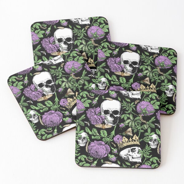Item preview, Midnight Garden with Purple Roses and Skull Maximalist Gothic Aesthetic Pattern for Halloween and Summerween on Black Background   designed and sold by CanisArtStudio.