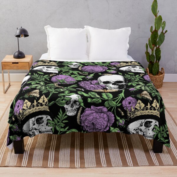 Item preview, Midnight Garden with Purple Roses and Skull Maximalist Gothic Aesthetic Pattern for Halloween and Summerween on Black Background   designed and sold by CanisArtStudio.