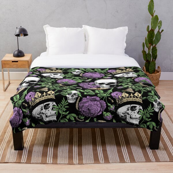 Item preview, Midnight Garden with Purple Roses and Skull Maximalist Gothic Aesthetic Pattern for Halloween and Summerween on Black Background designed and sold by CanisArtStudio.