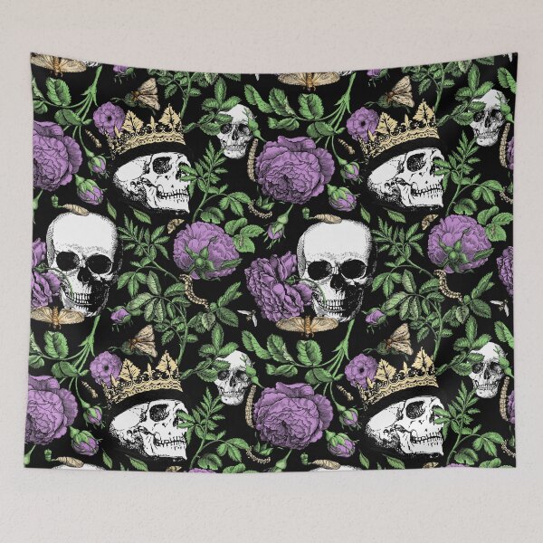 Item preview, Midnight Garden with Purple Roses and Skull Maximalist Gothic Aesthetic Pattern for Halloween and Summerween on Black Background   designed and sold by CanisArtStudio.