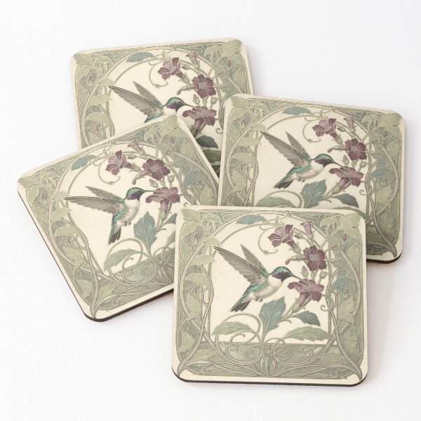 Item preview, Art Nouveau Hummingbird and Trumpet Vine in Gold designed and sold by PictorialWhimsy.