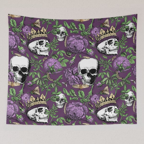 Item preview, Summer Garden with Purple Roses and Skull Maximalist Gothic Aesthetic Floral Pattern for Summerween and Halloween - Plum Purple Backgorund  designed and sold by CanisArtStudio.