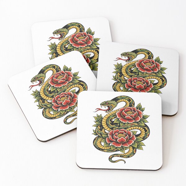 Item preview, Coiled Serpent and Peony Flowers – Traditional Tattoo Art Illustration designed and sold by Artisan Finds Online.