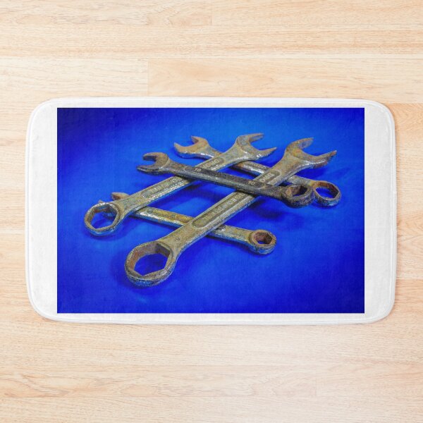 Item preview, Rusty Crossed Wrenches on Blue Background Vintage Mechanic Tools for Repair and Maintenance designed and sold by Nmallia.