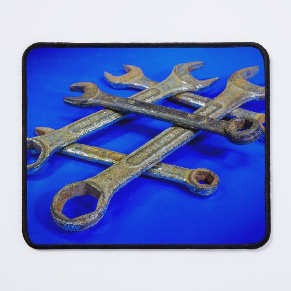 Item preview, Rusty Crossed Wrenches on Blue Background Vintage Mechanic Tools for Repair and Maintenance designed and sold by Nmallia.