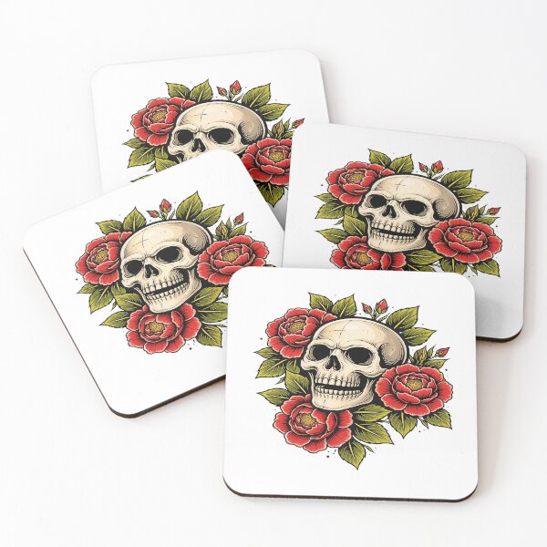 Item preview, Grinning Skull with Blooming Roses Tattoo Illustration designed and sold by Artisan Finds Online.