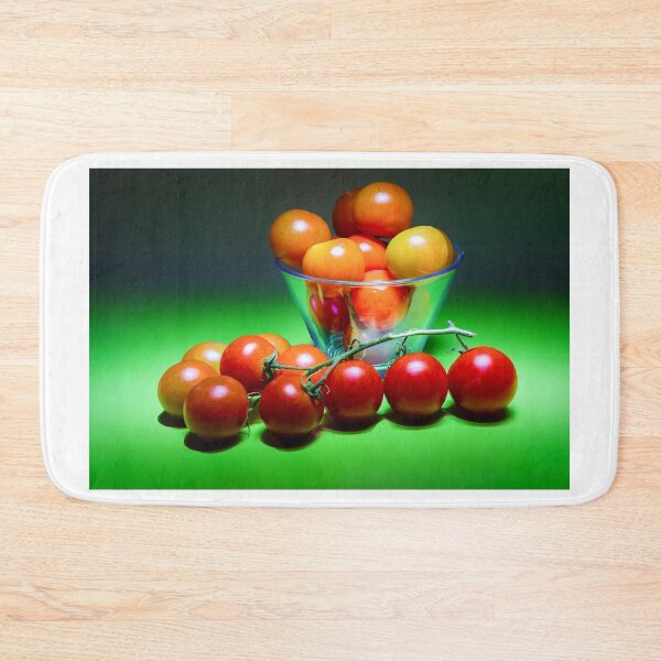 Item preview, Bright Cherry Tomatoes In A Glass Bowl On Vibrant Green Background, Fresh Produce Still Life designed and sold by Nmallia.