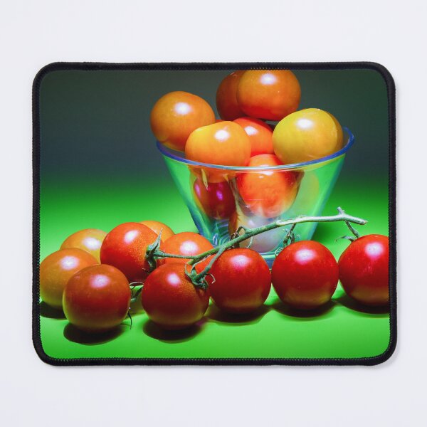 Item preview, Bright Cherry Tomatoes In A Glass Bowl On Vibrant Green Background, Fresh Produce Still Life designed and sold by Nmallia.