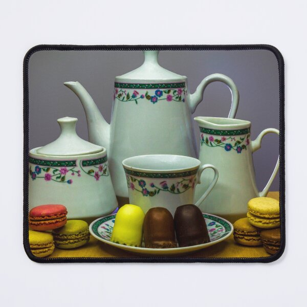 Item preview, Elegant Porcelain Tea Set With Colorful Macarons and Chocolates on Wooden Table designed and sold by Nmallia.
