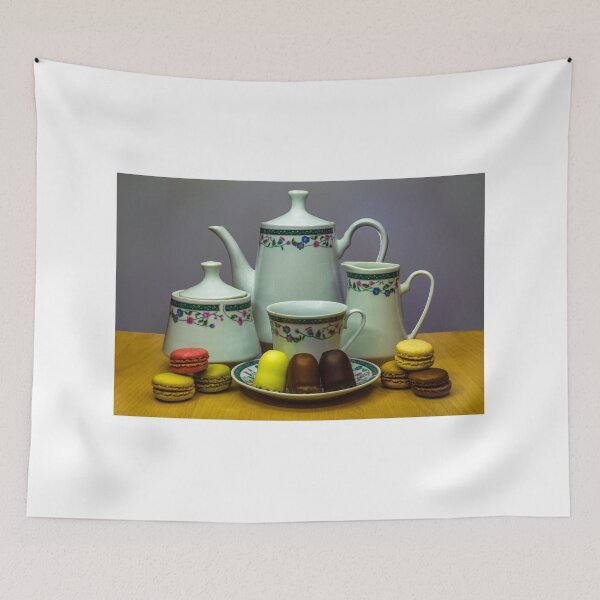 Item preview, Elegant Porcelain Tea Set With Colorful Macarons and Chocolates on Wooden Table designed and sold by Nmallia.