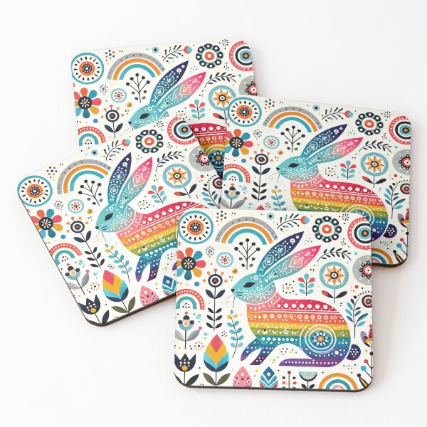 Item preview, Scandinavian Folk Art Rainbow Rabbit - Multicoloured Floral Design, Red, Blue, Yellow Accents by heidiannemorris ©️  designed and sold by FOLK ART FUSION by heidiannemorris.