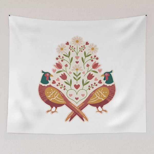 Item preview, Pheasants with Tulips and Daisies – Scandinavian Folk Art by heidiannemorris © designed and sold by FOLK ART FUSION.