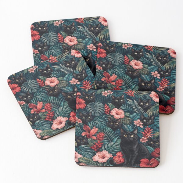 Item preview, Black Cat Tropical Jungle Pattern with Hibiscus and Monstera designed and sold by POD DYNASTY | Original Print On Demand T-Shirt Graphics.