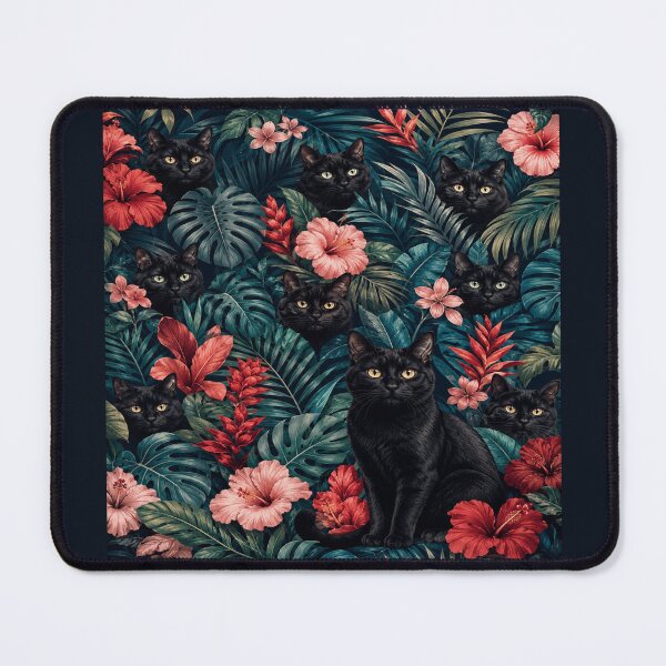 Item preview, Black Cat Tropical Jungle Pattern with Hibiscus and Monstera designed and sold by POD DYNASTY | Original Print On Demand T-Shirt Graphics.
