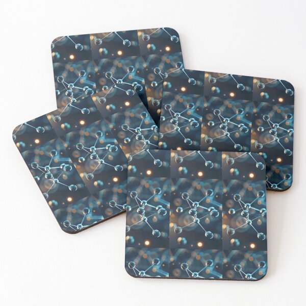 Item preview, Gleaming molecular model against a deep blue, bokeh-filled background designed and sold by MiraCleAI.