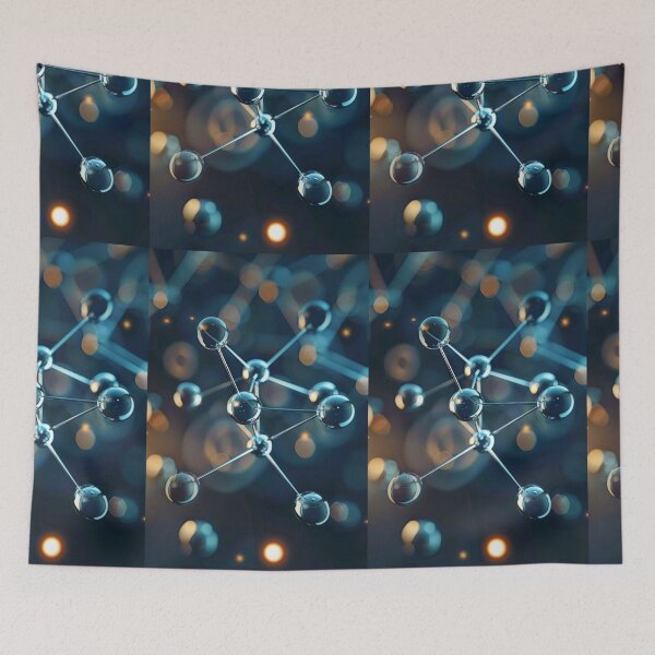 Item preview, Gleaming molecular model against a deep blue, bokeh-filled background designed and sold by MiraCleAI.