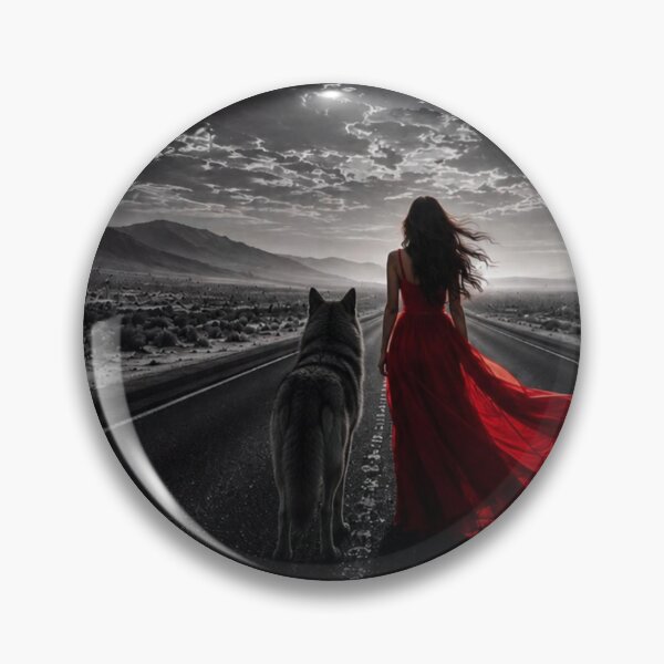 Item preview, Moonlit Journey with a Wolf and Woman in a Red Dress designed and sold by Kimberly Palmer.
