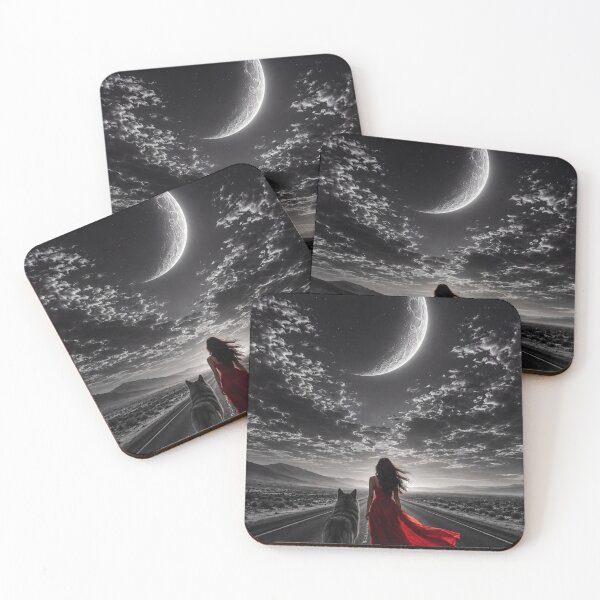Item preview, Moonlit Journey with a Wolf and Woman in a Red Dress designed and sold by Kimberly Palmer.