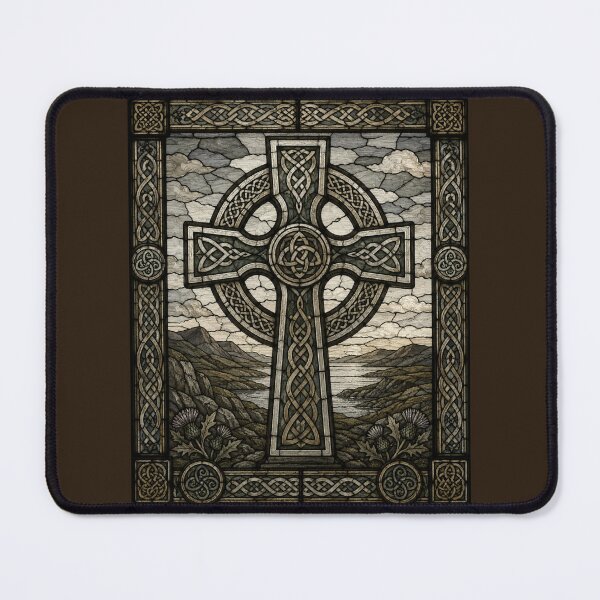 Item preview, Celtic Cross Stained Glass Landscape | Sacred Knotwork Art designed and sold by Karszul.
