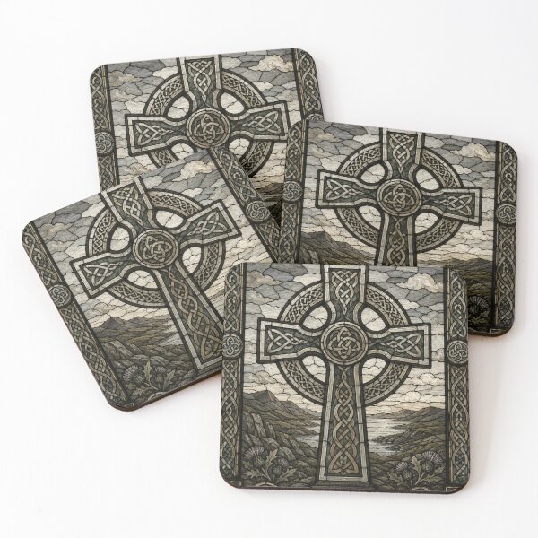 Item preview, Celtic Cross Stained Glass Landscape | Sacred Knotwork Art designed and sold by Karszul.