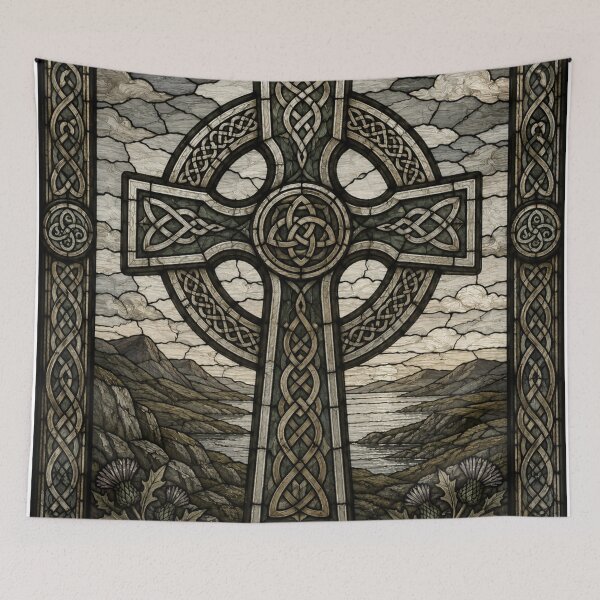 Item preview, Celtic Cross Stained Glass Landscape | Sacred Knotwork Art designed and sold by Karszul.