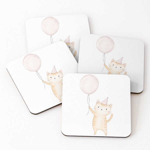 Artikelvorschau, Eine fröhliche orange Katze mit Partyhut hält einen rosa Ballon. entworfen und verkauft von MiraCleAI.