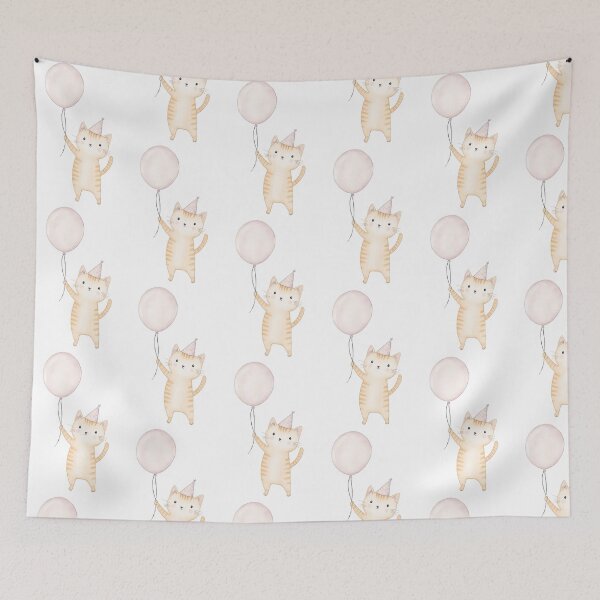 Item preview, A cheerful orange cat wearing a party hat holds a pink balloon designed and sold by MiraCleAI.