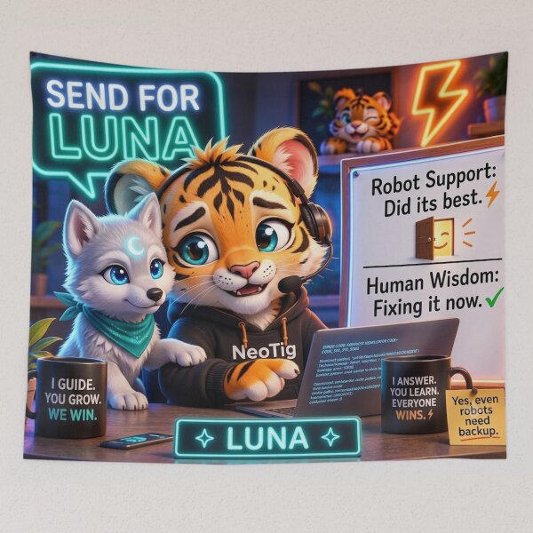 Item preview, Send For Luna Funny AI Wolf Pup Human Wisdom — Tech Humor Art — NeoTigLuna designed and sold by NeoTigLuna.