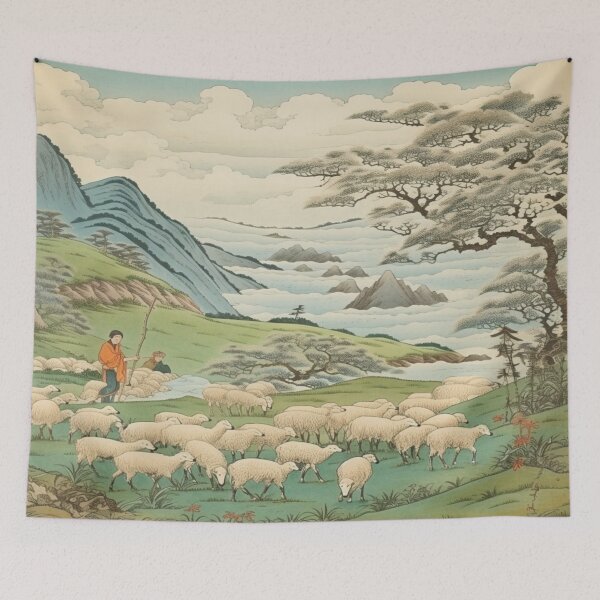 Item preview, Traditional Japanese Illustration - Shepherd with Sheep designed and sold by DaisukiTokyo.