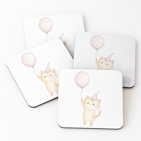 Artikelvorschau, Eine fröhliche orange Katze mit Partyhut hält einen rosa Ballon. entworfen und verkauft von MiraCleAI.