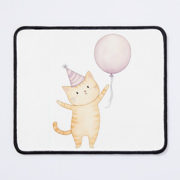 Item preview, A cheerful orange cat wearing a party hat holds a pink balloon designed and sold by MiraCleAI.