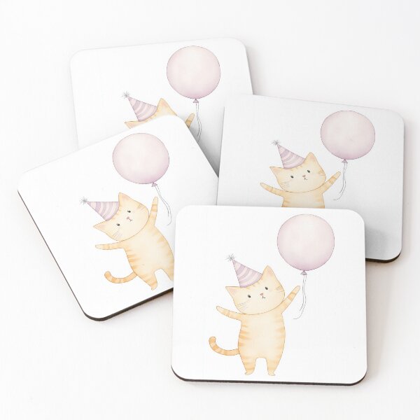 Item preview, A cheerful orange cat wearing a party hat holds a pink balloon designed and sold by MiraCleAI.