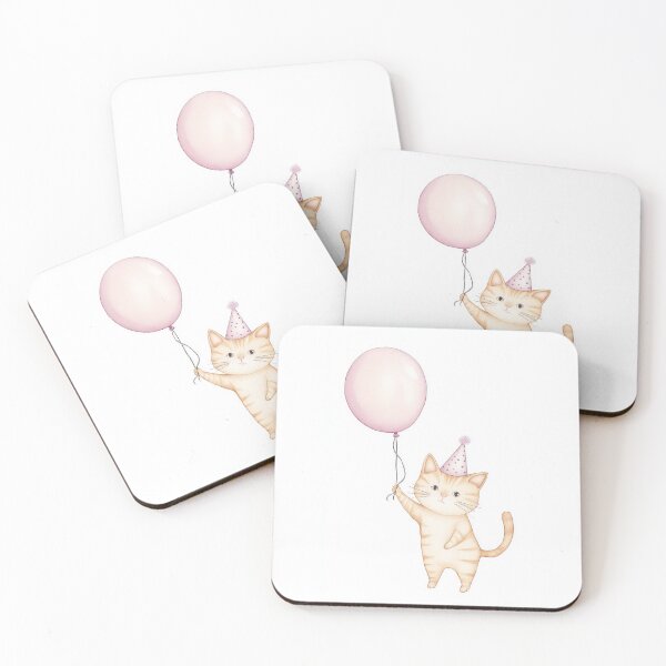 Artikelvorschau, Eine fröhliche orange Katze mit Partyhut hält einen rosa Ballon. entworfen und verkauft von MiraCleAI.