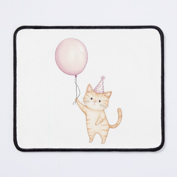 Item preview, A cheerful orange cat wearing a party hat holds a pink balloon designed and sold by MiraCleAI.