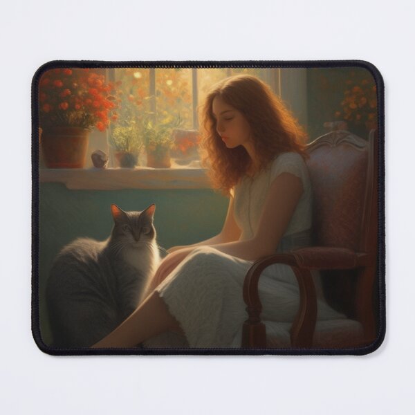 Item preview, Vintage Girl with Cat by Window Oil Painting Style Art designed and sold by UmSkelig834.