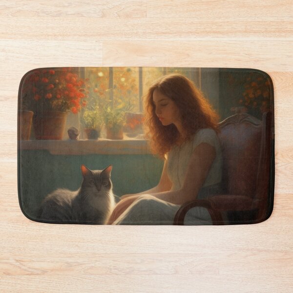 Item preview, Vintage Girl with Cat by Window Oil Painting Style Art designed and sold by UmSkelig834.