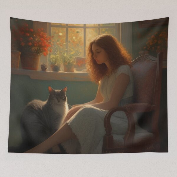 Item preview, Vintage Girl with Cat by Window Oil Painting Style Art designed and sold by UmSkelig834.
