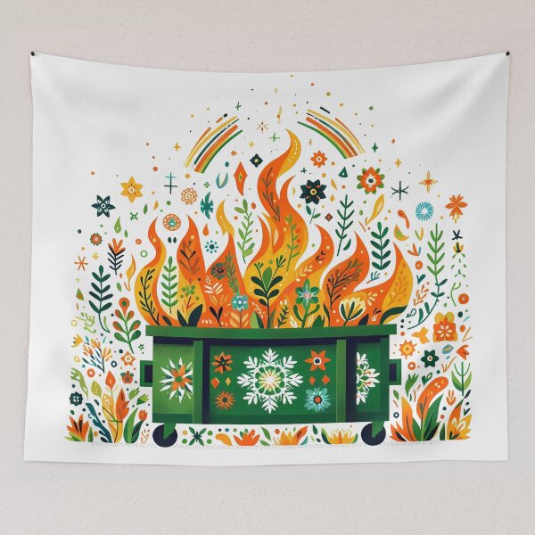 Item preview, Green Dumpster Fire with Vibrant Colours - Scandinavian Folk Art by heidiannemorris © designed and sold by FOLK ART FUSION by heidiannemorris.