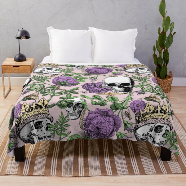Item preview, Purple Roses Garden with Skull Maximalist Gothic Aesthetic Floral Pattern for Summerween and Halloween - Pink Background  designed and sold by CanisArtStudio.