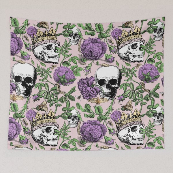 Item preview, Purple Roses Garden with Skull Maximalist Gothic Aesthetic Floral Pattern for Summerween and Halloween - Pink Background  designed and sold by CanisArtStudio.