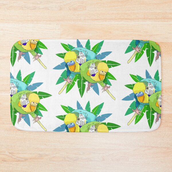 Item preview, couple green girl and blue yellow-haired wavy parrot male on palm designed and sold by OrPolly.