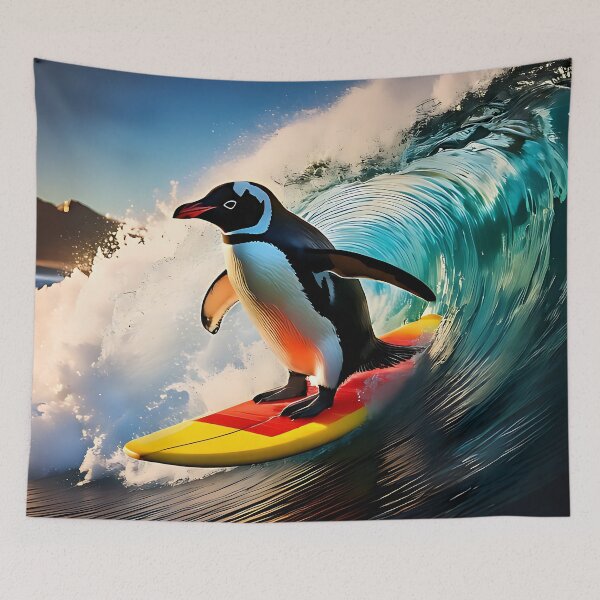 Item preview, Surfing Penguin Riding a Big Wave designed and sold by ToxicInkArt.