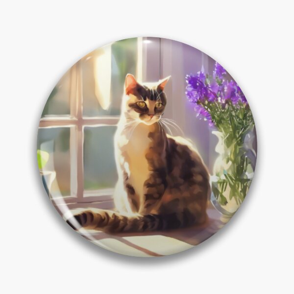 Item preview, Cozy Cat on Window Sill with Purple Flowers Painting designed and sold by UmSkelig834.