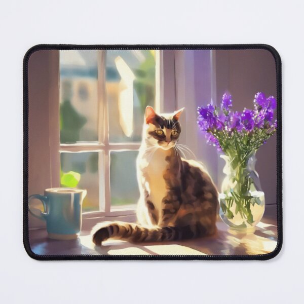 Item preview, Cozy Cat on Window Sill with Purple Flowers Painting designed and sold by UmSkelig834.